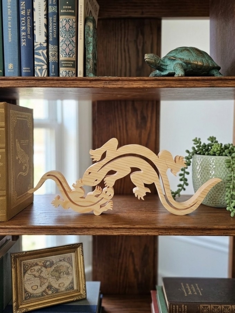 Handcrafted Scroll Saw Cutout wooden lizard interlocking sculpture